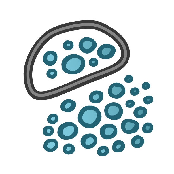 A group of 7 variously sized and colored blue circles are encircled by a black line with a grey core. Below it is a larger collection of more circles.